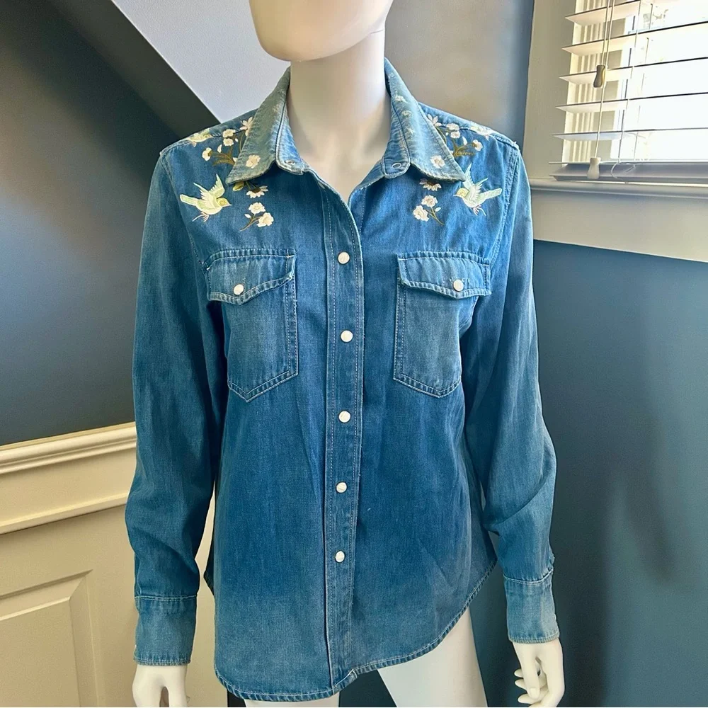 Seven 4 All Mankind Floral Embroidered Distressed Button Down Denim Top - Picture 4 of 16